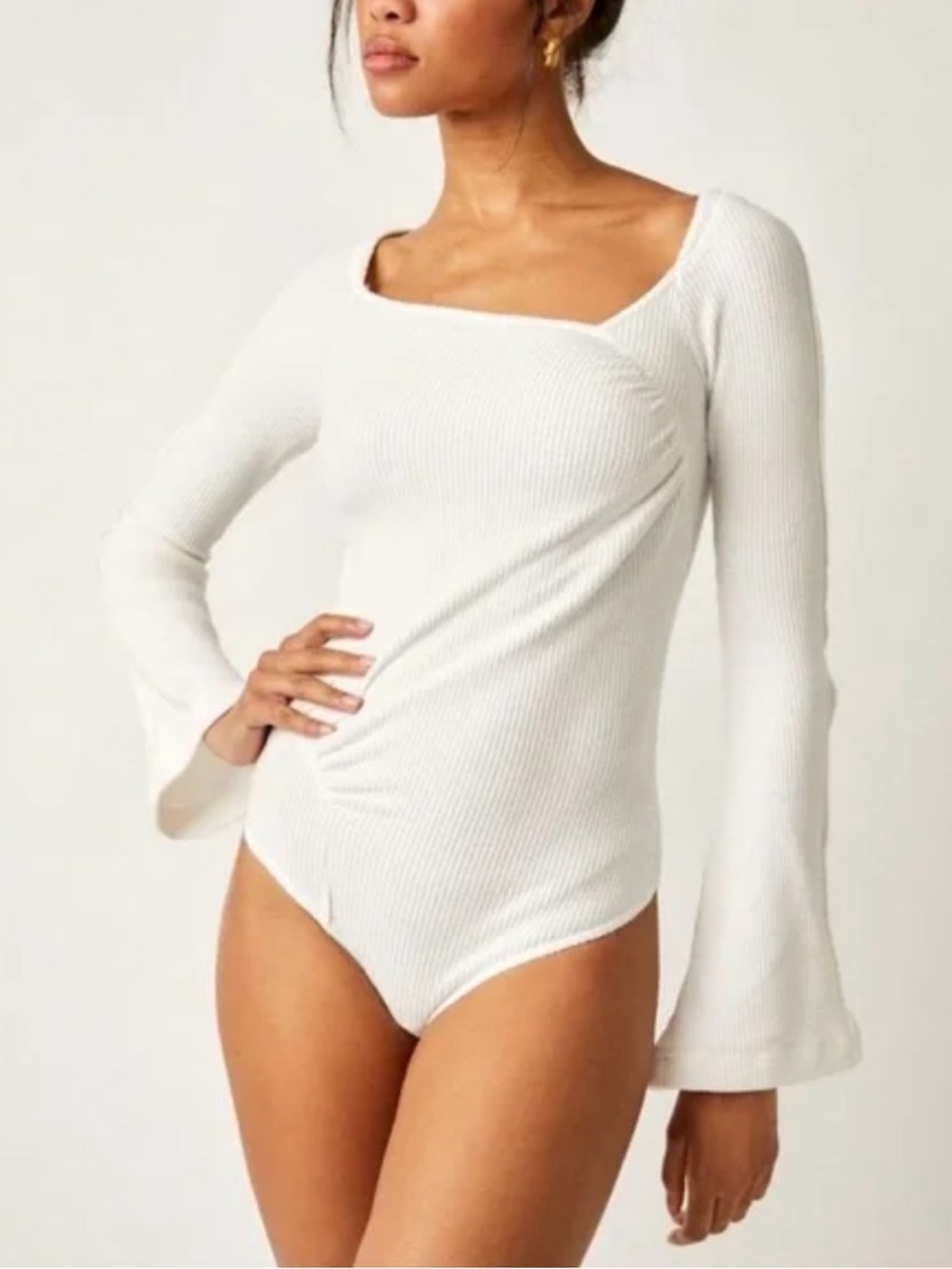 NWOT Free People On A Cloud White Long-Sleeve Ruched Bodysuit